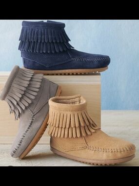 Baby Fringe Suede Booties in Grey